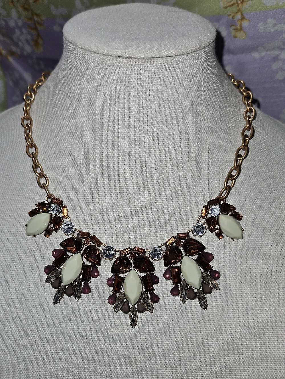 J. Crew Gold-Tone Statement Necklace with Cream, Green and Brown & Pink Accents